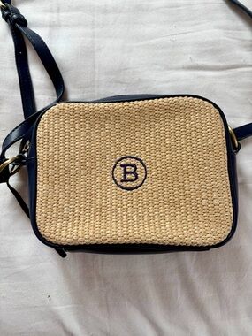 Charleston Bags Straw Woven Crossbody Navy Leather Trim Coastal Preppy